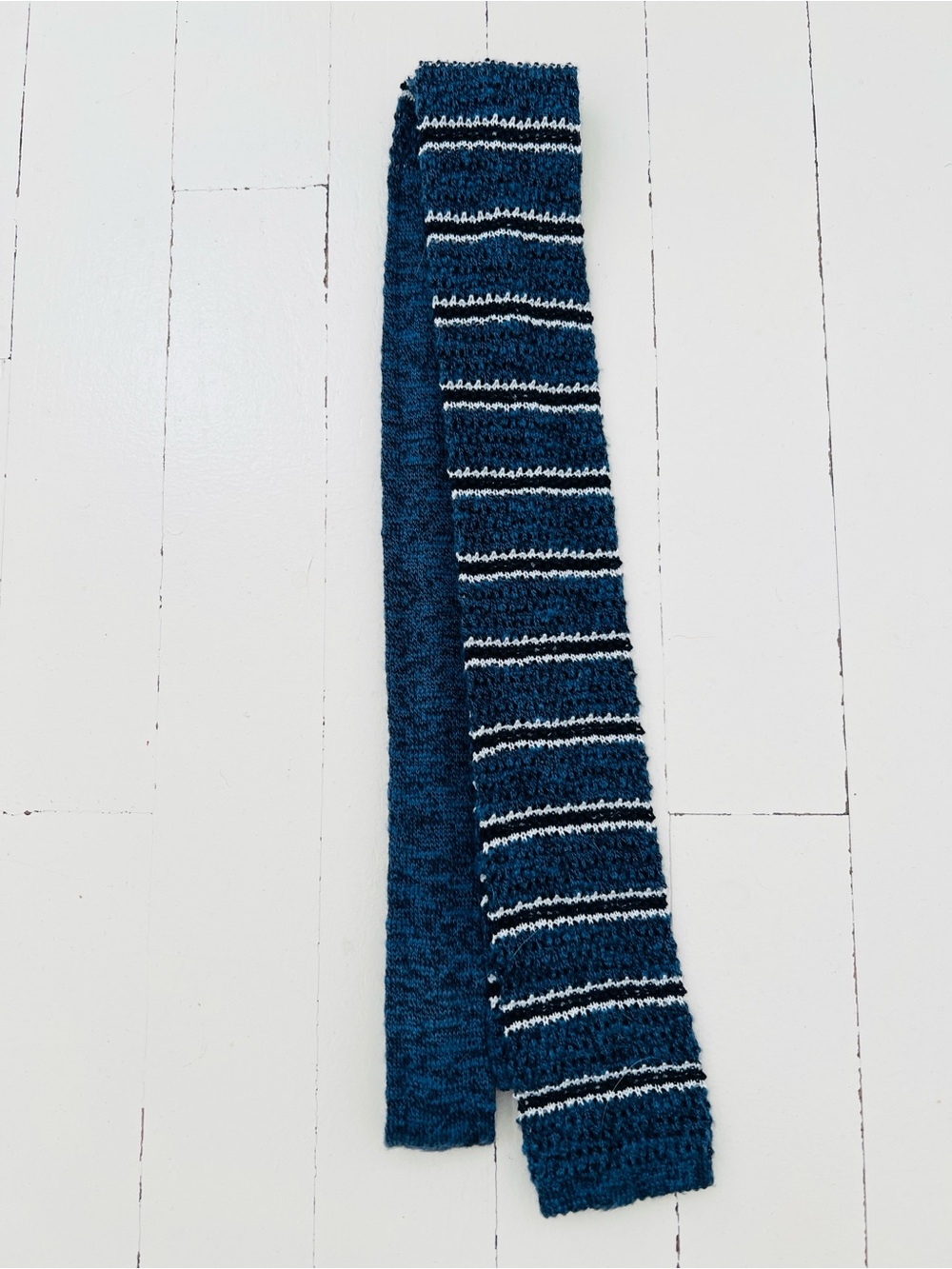 Suitsupply Blue Knit Tie with Dark Navy & White Stripes